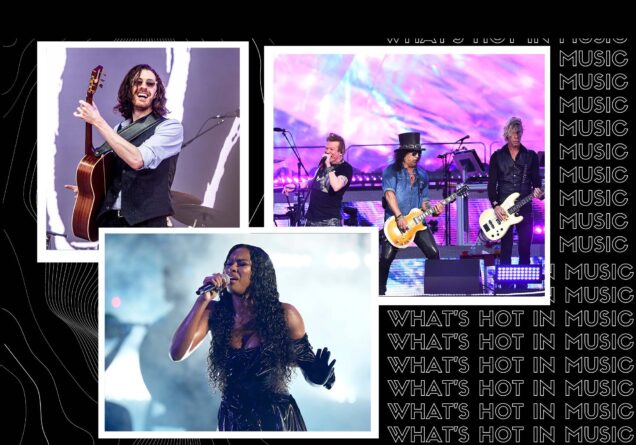 Photo: A composite image of three photos overlayed a design background image with white swirls and text that reads WHAT'S HOT IN MUSIC copy and pasted on the right. The photo on the left, top, is Hozier--a white man with long brown hair and sunglasses smiling and playing guitar. On the bottom, center, a Black woman, Victoria Monet, singing passionately with black gloves an a black dress. On the right, top, purple and blue lights highlight Earth, Wind, & Fire members as they jam out on stage.
