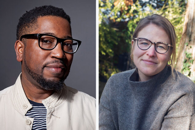 Photo: Two headshots side by side, one of a black man wearing glasses and one of a white woman wearing glasses