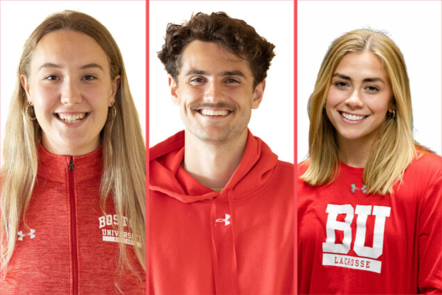 Composite photo of three BU student-athletes. Headshots of (from left) Kat Robbins, Francesco Montali, and Ellen Monahan. Robbins is a young white woman with long blonde hair and wearing a scarlet red Boston University pullover. Montali is a young white man with curly brown hair and wearing a red Boston University hooded sweatshirt. Monahan is a young white woman with shoulder length blonde hair and wearing a red, BU lacrosse long sleeve shirt.