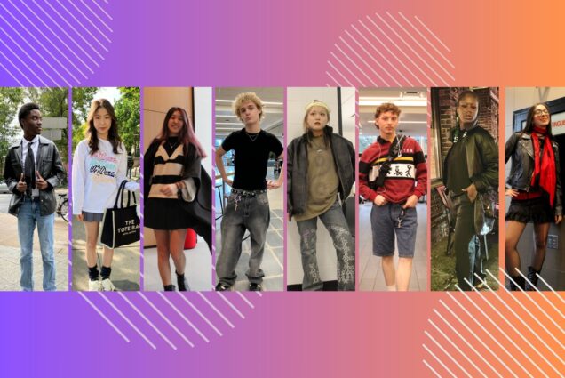 Composite image: Multiple young people in fashionable outfits are cropped together into a single image on top of a rainbow gradient background