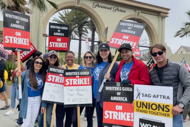 Photo: Writers from the Writers Guild of America picketing outside Paramount Pictures Studios