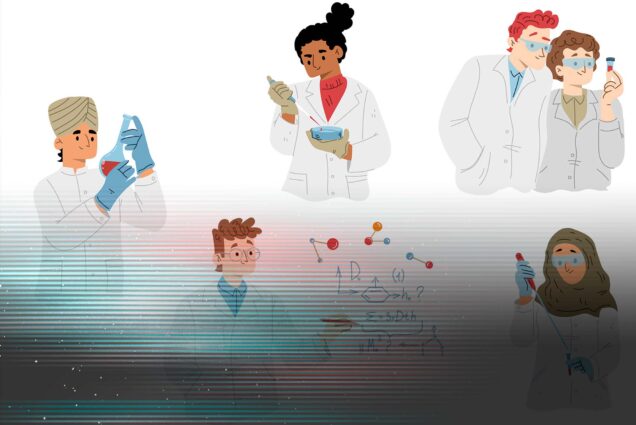 Image: Illustration of various diverse scientists doing research, medicine, chemistry or biotechnology experiments in laboratory. Images show people with lab flasks, microscopes, and molecules.