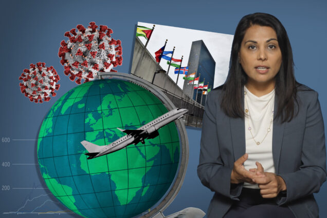 Image: Collage of various images related to the challenges of tackling future pandemics. Collage features a snap of Nahid Bhadelia talking, an image of Earth, a plane, a Coronavirus, and the UN building.