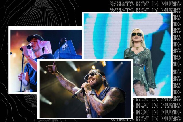 Image: collage of artists either hosting concerts in Boston in October 2023 or with new albums coming out in September. Black background with outline-font white lines features photos of Joji, Maluma, and Kim Petras. Each photo has white, polaroid-style borders. At left, Joji performs in concert, mic in hand; he is a white man wearing a white tee shirt and cap on his head. At right, Kim Petras, a white young woman with platinum blonde hair and wearing a silky green dress and bold sunglasses, smiles on stage with mic in hand. Center, Maluma is shown performing in concert. A Hispanic man wearing a black vest and sunglasses performs with mic in hand on stage. Text on right behind image reads "What's Hot in Music" in a repeating pattern.