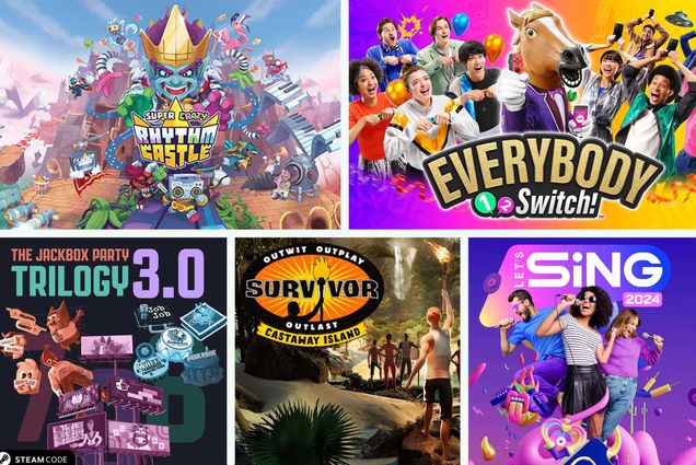 Composite image: Multiple video game titles are showcased in this mosaic of colors and characters. Games included are Survivor, Everybody Switch, and Let's Sing 2024 among others