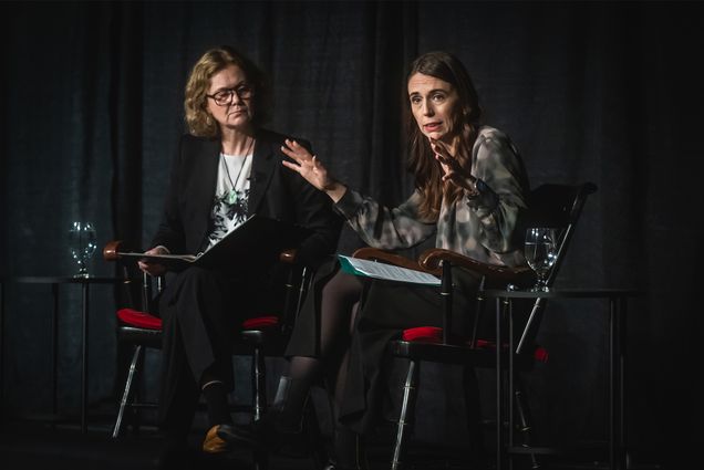 Photo: Moderator Louise Ivers (left), Director of Harvard Global Health Institute and Rt. Hon Dame Jacinda Ardern, Former Prime Minister of New Zealand participate in the MassCPR Symposium Pandemic Preparedness at the GSU on November 14, 2023. The annual symposium included US and global leaders to map a unified strategy for global pandemic prepardness. Two women sit in formal attire on a stage in front of a crowd of people.