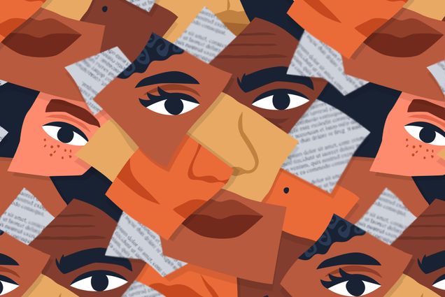 Image: Vector illustration shows diverse peoples' faces made of paper cut-outs and arranged in a collage to create one new face. Mixed in the faces are random bits of typed paper, as well.