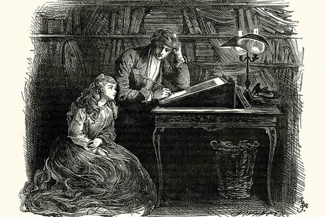 Image: Vintage engraving of a scene from the Charles Dickens novel "David Copperfield." The black sketch-style engraving shows a man writing at a desk as a woman sitting on the floor next to him looks over towards the desk. A large bookcase filled with bookcase is the backdrop.