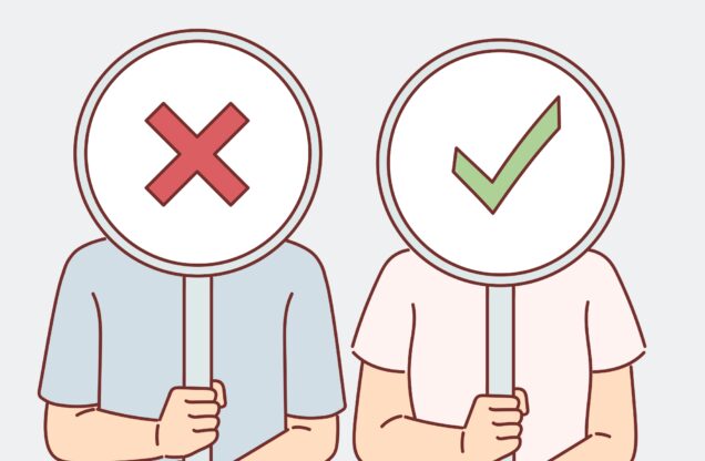 This is a stock photo from Canva that is meant to represent consent. There are two animated individuals that are holding up signs that cover their faces. On the left, the sign as an "x" on it while on the right, the sign as a "check mark" on it.