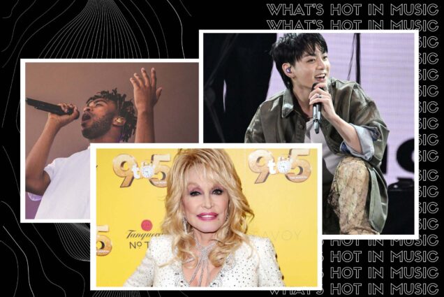 Image: collage of artists either hosting concerts in Boston in November 2023 or with new albums coming out in November. Black background with outline-font white lines features photos of Kevin Abstract, Dolly Parton, and Jungkook. Each photo has white, polaroid-style borders. At left, Kevin Abstract performs in concert, mic in hand; he is a Black man wearing a white tee shirt. At right, Jungkook, a Korean man with black hair and wearing a white shirt, olive green collared shirt, and tan pants, smiles on stage with mic in hand as he squats. Center, Dolly Parton is shown posing in front of a yellow backdrop. An older white woman with platinum blonde hair and wearing a white jumpsuit smiles and poses. Text on right behind image reads "What's Hot in Music" in a repeating pattern.