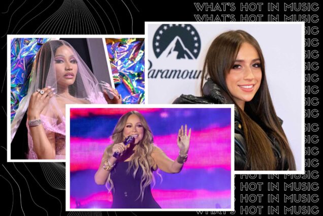 Image: collage of artists either hosting concerts in Boston in December 2023 or with new albums coming out in September. Black background with outline-font white lines features photos of Nicki Minaj, Mariah Carey, and Tate McRae Each photo has white, polaroid-style borders. At left, Nicki Minaj, a Black woman with long black hair and wearing a pink dress see-through veil, poses for a photo. At right, Tate McRae, a white young woman with long straight dark brown hair and wearing a shiny black puffer coat, smiles and poses for a photo. Center, Mariah Carey is shown performing in concert. A light-skinned Black woman with long, curly dirty blonde hair and wearing a black dress, smiles and performs with mic in hand on stage. Text on right behind image reads "What's Hot in Music" in a repeating pattern.