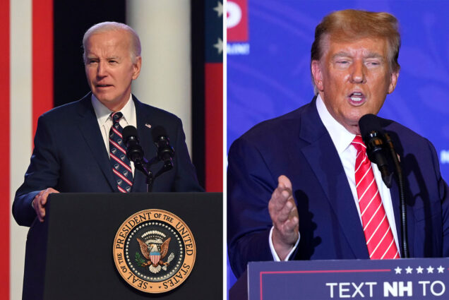 Photo: Joe Biden and Donald Trump side by side in a composite image, where both are standing at podiums at recent rallies in 2024