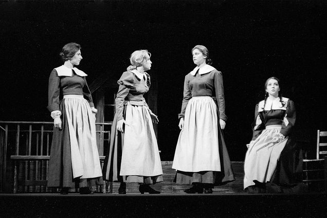 Photo: An old black and white photo of 4 college students at Boston University in a production of The Crucible in 1961