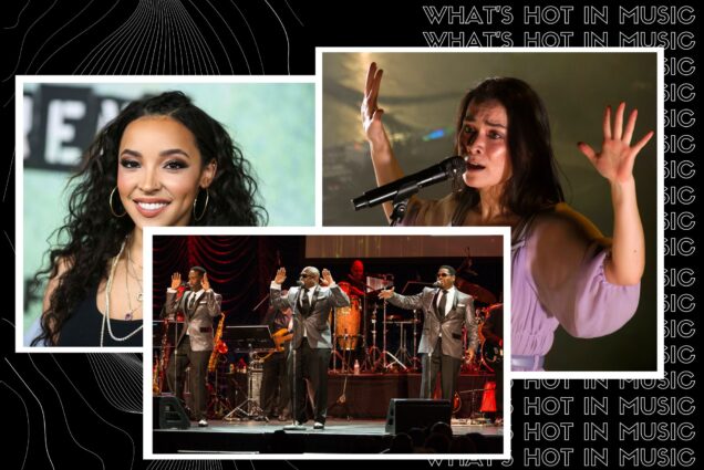 Photo: A composite image of three photos: one of Tinashe, a woman with long dark curly hair, Mitski, a woman with short dark hair performing, and Boys II Men, three Black men performing.