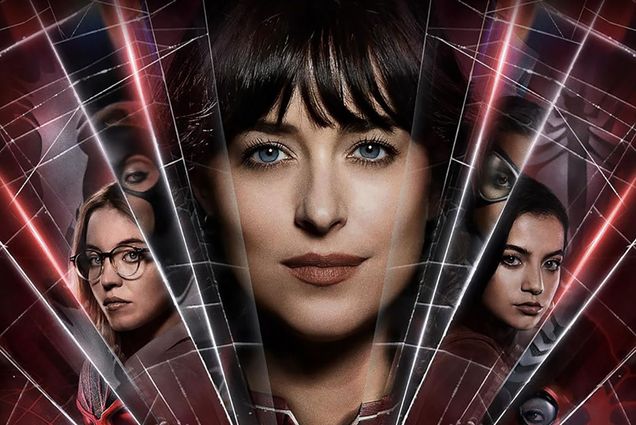 Photo: Madame Web movie poster with face silhouettes that break and crack from the center of where the typography is at the bottom. The face in the middle, Dakota Johnson, and two other faces are behind her.