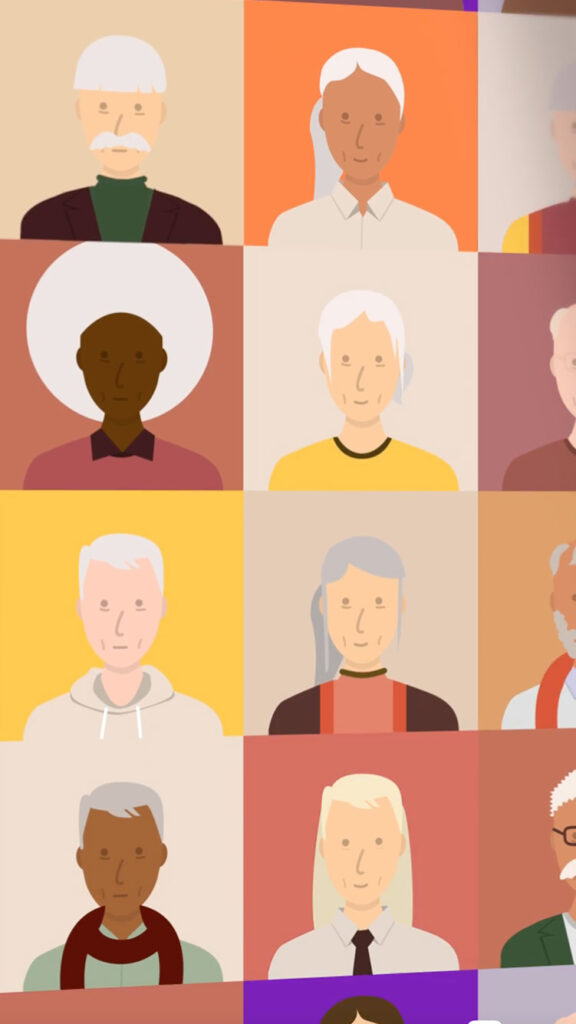 Illustration of dozens of different people's faces, slowly aging and becoming more bright/vibrant in color