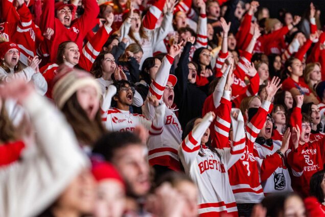 Photo: A sea of red and white jerseys in the crowd at the BU 2024 Beanpot