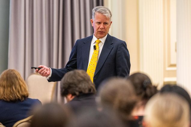 Photo: Dr. Paul Friedrichs, the inaugural director of the White House Office of Pandemic Preparedness and Response Policy (OPPR) and deputy assistant to the President of the United States delivers the keynote address March 20 at an Emerging Infectious Diseases (CEID) event help in the Metcalf Ballroom