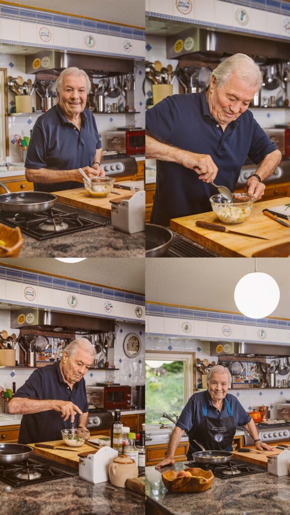 Photo: A composite image of four different photos of Jacques Pepin whipping up some pancakes. He wears a navy polo shirt in his kitchen. From left to right, he smiles for the photo, he stirs a mixture in a bowl, Pepin throws a dash of an ingredients in the bowl, and lastly, Pepin poses for the camera with his apron, while the food cooks on the pan.