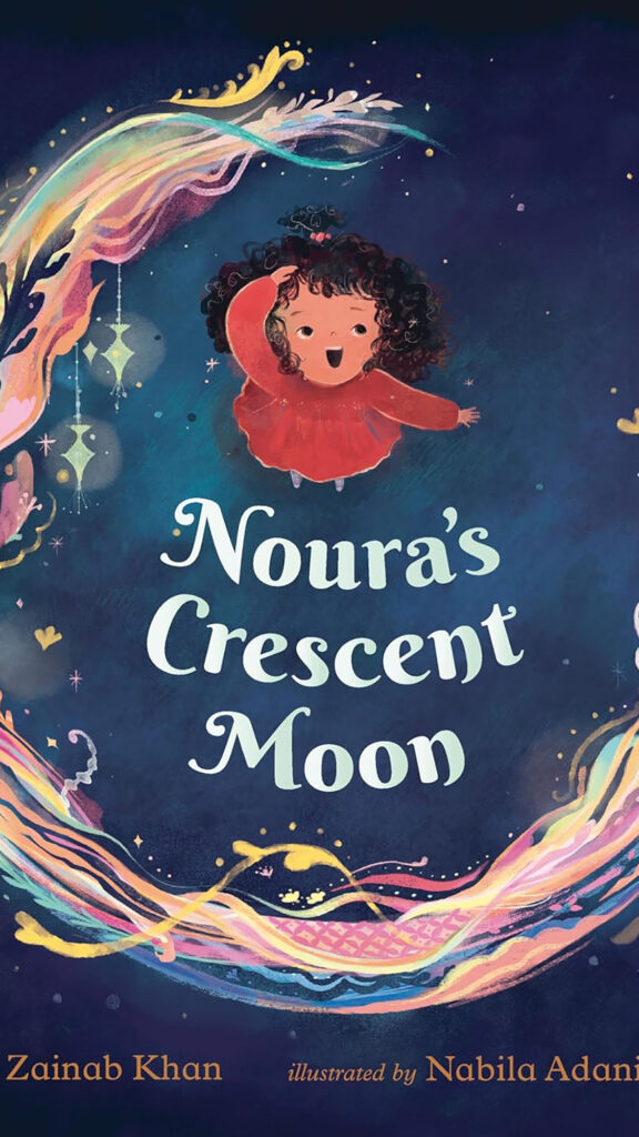 Photo: A book cover with a little girl with curly hair and a red dress on the front. An artistic styling of a crescent moon surrounds her with the book title, Noura's Crescent Moon.
