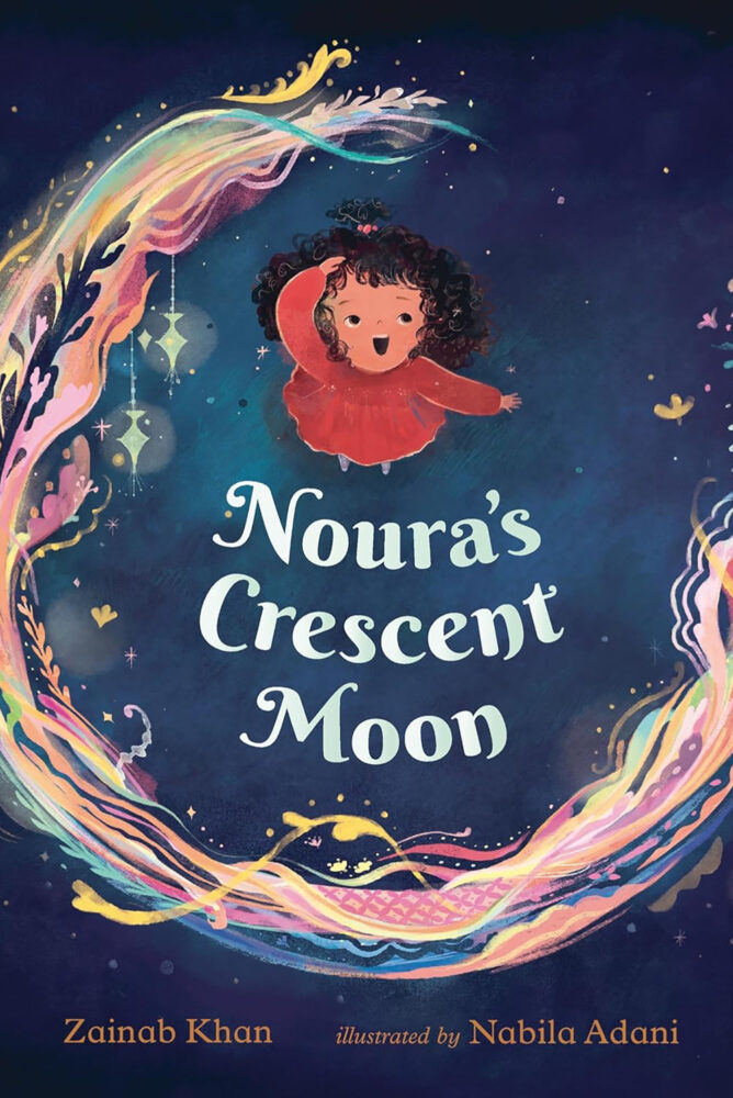 Photo: A book cover with a little girl with curly hair and a red dress on the front. An artistic styling of a crescent moon surrounds her with the book title, Noura's Crescent Moon.