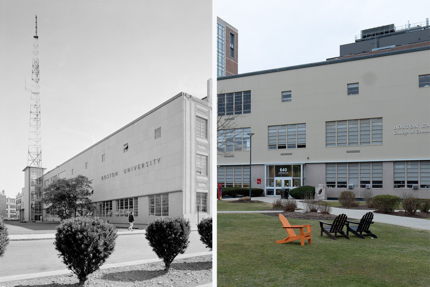 Photo: The exterior of the Boston University College of Communication, in the 1960s and the 2020s side by side
