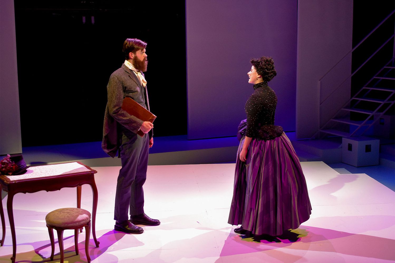 Photo: Keith Robinson (CFA’24) and Sarah Coleman (CFA’24) star as George and Dot in the College of Fine Arts School of Theatre’s production of Stephen Sondheim’s Pulitzer Prize-winning musical Sunday in the Park with George, which runs from April 25-28 at the Joan and Edgar Booth Theatre. Photo by Katie Nelson