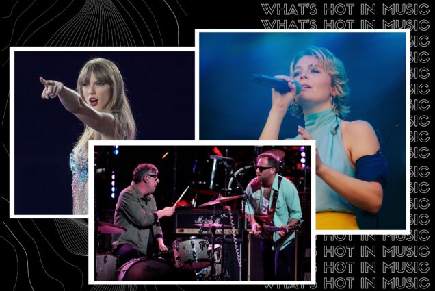 Photo: A composite image of three musicians: Taylor Swift, Maggie Rogers, and the Black Keys. Taylor, top left hand screen, extends out her arm and points while in a bedazzled leotard. The Black Keys, center bottom, are on stage, looking at each other as they perform. Rogers, top left, holds a mic to her mouth, singing, as she looks out. A blue light illuminates her head, creating a halo effect.