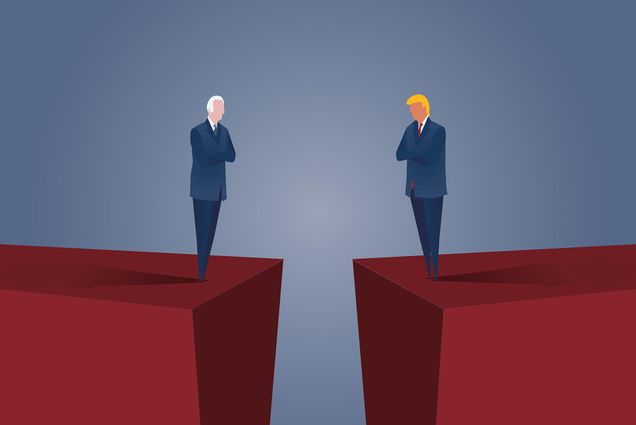 Photo: A stock photo with caricatures of Biden and Trump with their arms crossed, facing one another on the edge of a red cliff, respectively.