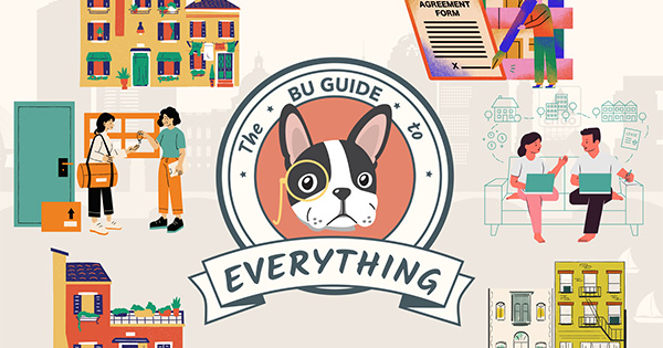 Illustration of a Boston Terrier in the middle of a red circle with black text around it reading "The BU Guide to Everything". There are vector illustrations of apartment buildings and leases in the background