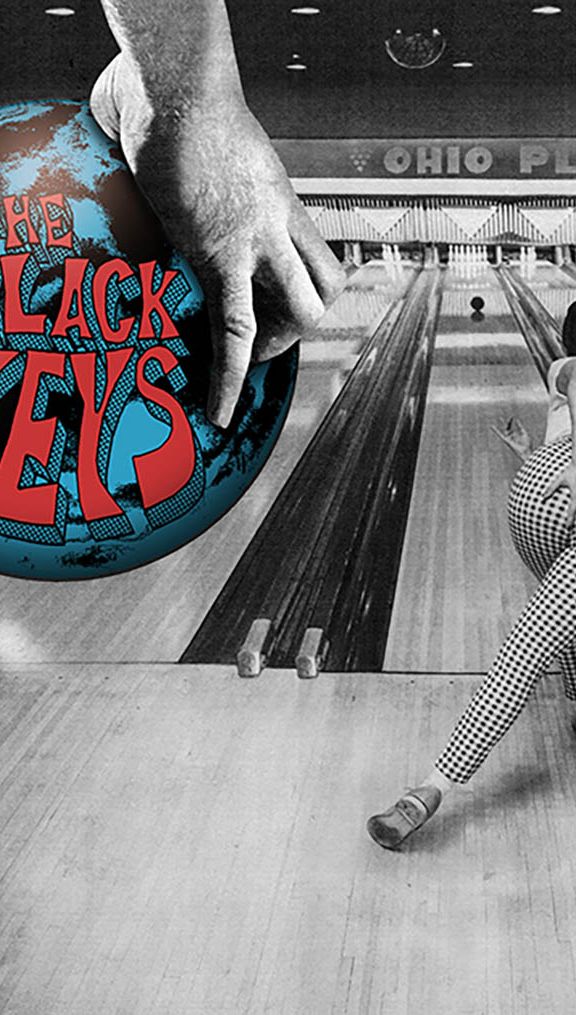 Photo: A album cover of a person bowling, in greyscale, with 50s attire. A hand in front of the left top corner holds a bowling ball with the text overlay of THE BLACK KEYS on top.