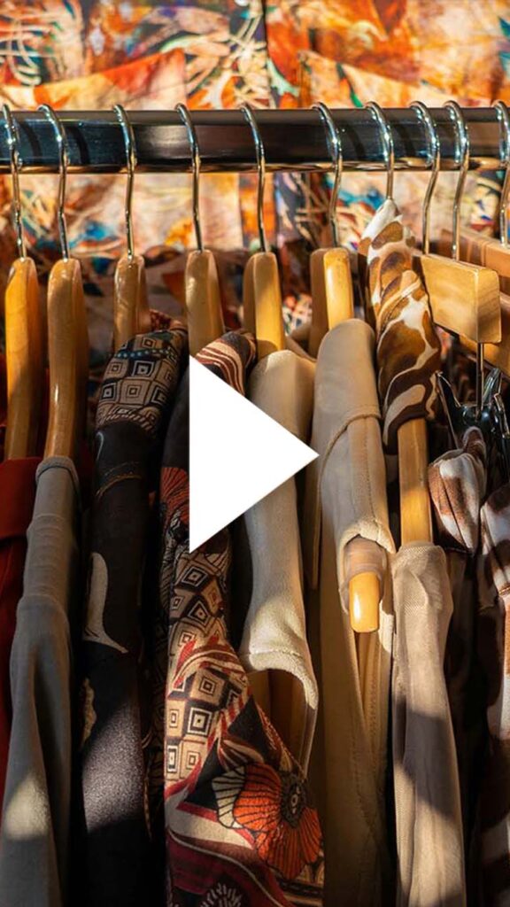 Photo: A rack of wooden hangers with items of clothing hanging off them.