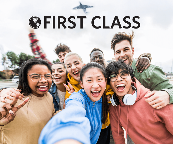 BU First Class logo with a group of happy students below