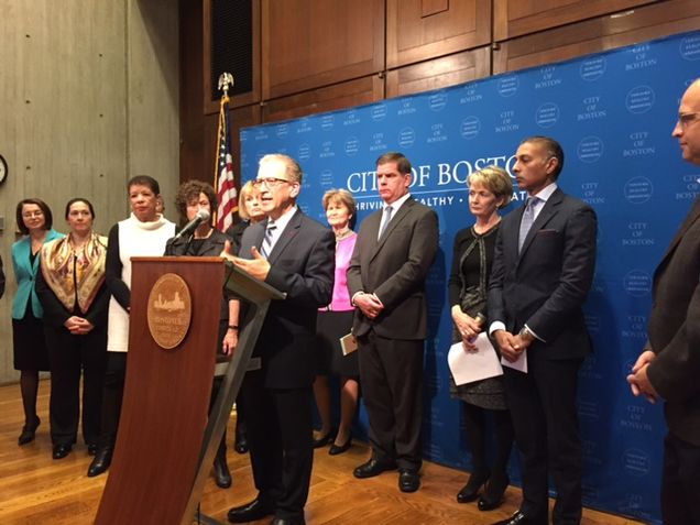 Institute Director, Azer Bestavros, speaks at the 2016 gender wage report press conference.