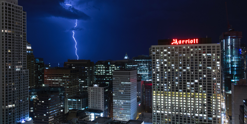 city skyline with Marriott Hotel in foreground