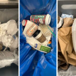 Photo: Composite image of multiple recycling bins. Coffee cups, food waste, and paper towels and napkins are among the nonrecyclables that contaminate BU recycling bins