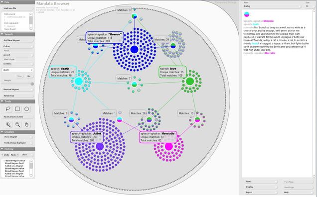 mandalaBrowser The Mandala Browser’s display of “love” (green) and “death” (turquoise) by Juliet (purple), Romeo (blue), and Mercutio (pink). Analysis and image courtesy of Elijah Meeks (https://dhs.stanford.edu/tools/the-mandala-browser/).