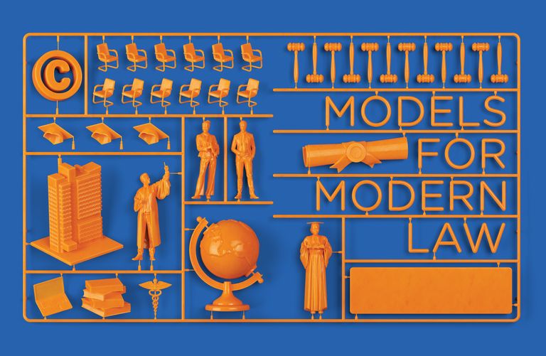 An image from inside The Record, spring 2023: An orange snap model kit with gavels, jury seats, law graduates, a globe, the BU Law tower, and other items related to the practice of law sit against a blue background.