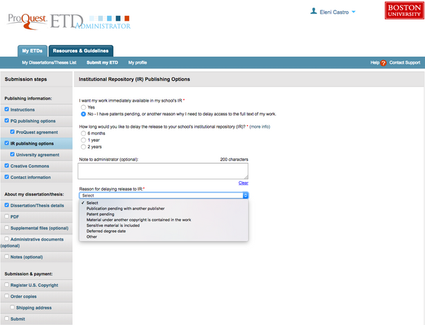 ETD Admin Screenshot Page 4: IR Publishing Options