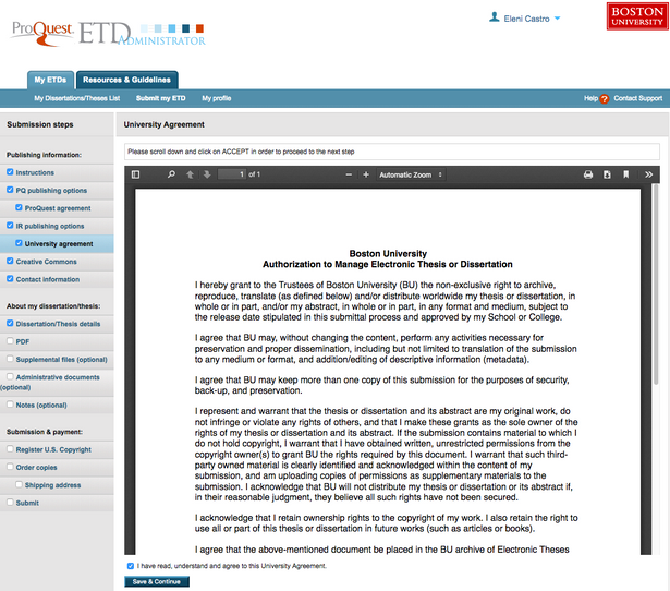 ETD Administrator: Screen 5: University Agreement