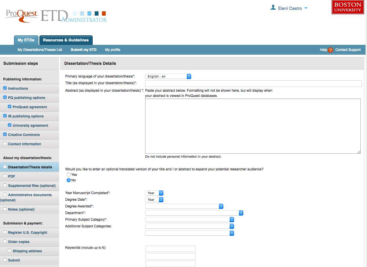 ETD Admin: Screens 7 and 8: Contact Info and Dissertation/Thesis Details