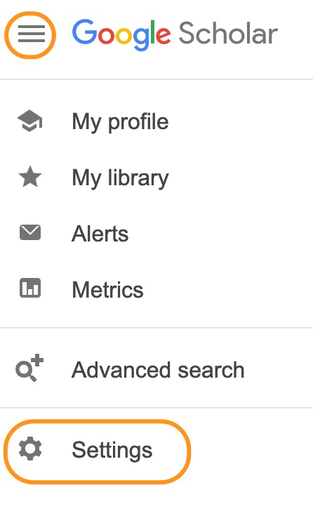 Google Scholar settings menu.
