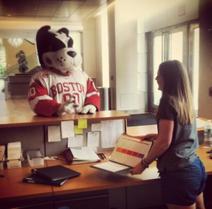 Mascot Rhett at the front desk talking to the student staff.