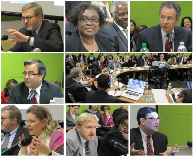 (L to R): Amb. Carsten Staur (Denmark), Sen. Elizabeth Thompson (Barbados), Dr. André Aranha Corrêa do Lago (Brazil), Dr. Asad Khan (Pakistan), a view of the room, Amb. Irene Freudenschuss-Reichl (Austria), Dr. Bradnee Chambers (UNEP), Prof. Adil Najam (BU Pardee Center)