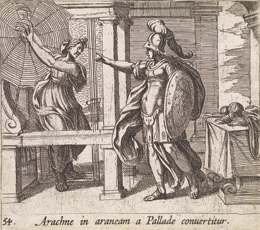 An etching of Athena transforming Arachne into a spider, one of the best-known stories from Ovid’s <em>Metamorphoses</em>. Antonio Tempesta, Arachne in araneam a Pallade convertitur (Athena Changing Arachne into a Spider), pl. 54 from the series Ovid’s Metamorphoses, 17th century, etching, 10.4 x 11.8 cm. Reproduced by permission of Fine Arts Museums of San Francisco, Mr. and Mrs. Marcus Sopher Collection, 1989.1.187 