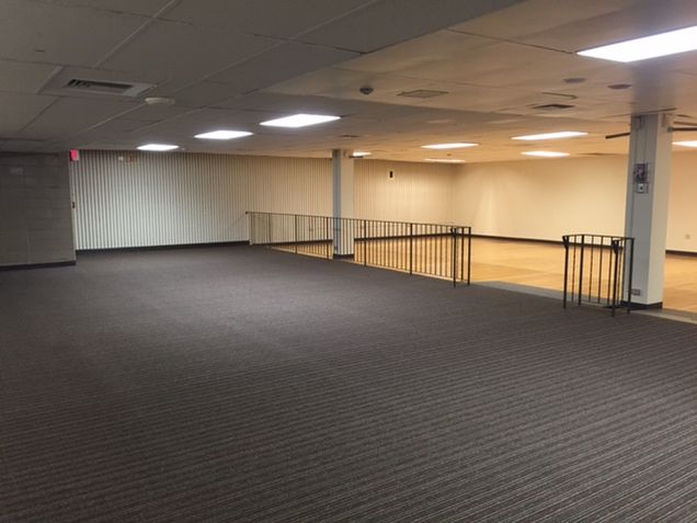 Empty room view of Alley, with grey striped carpet on one side, a black railing, and a light colored wooden floor on the other side.