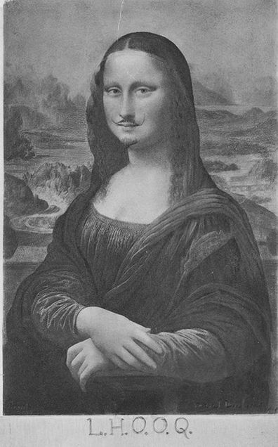 Marcel Duchamp, L.H.O.O.Q., 1919, reproduction with pencil and white gouache, 11 3/4 x 7 7/8 in.