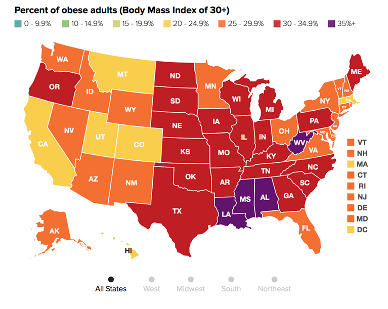 Figure 1. Adult Obesity Rate by State, 2015 Adult Obesity in the United States. The State of Obesity Web site. http://stateofobesity.org/adult-obesity/ Updated September 1, 2016. Accessed October 3, 2016.