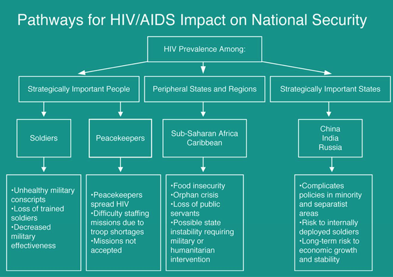 Figure 1. Pathways for HIV/AIDS impact on national security Feldbaum H, Lee K, Patel P. The National Security Implications of HIV/AIDS. PLOS Medicine. 2006; 3(6): e171. doi: 10.1371/journal.pmed.0030171