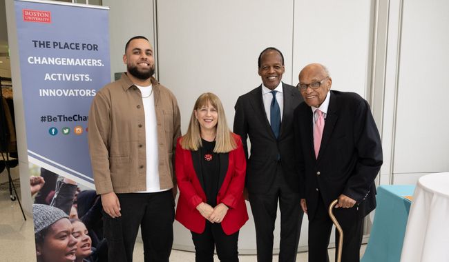 Photo by MelO Photo. Left to right: Prof. Darien Williams, Dean Barbara Jones, Lee Pelton, and Hubie Jones